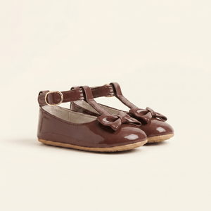 Mocassin Bébé Fille à Nœud Papillon en Cuir Verni Marron