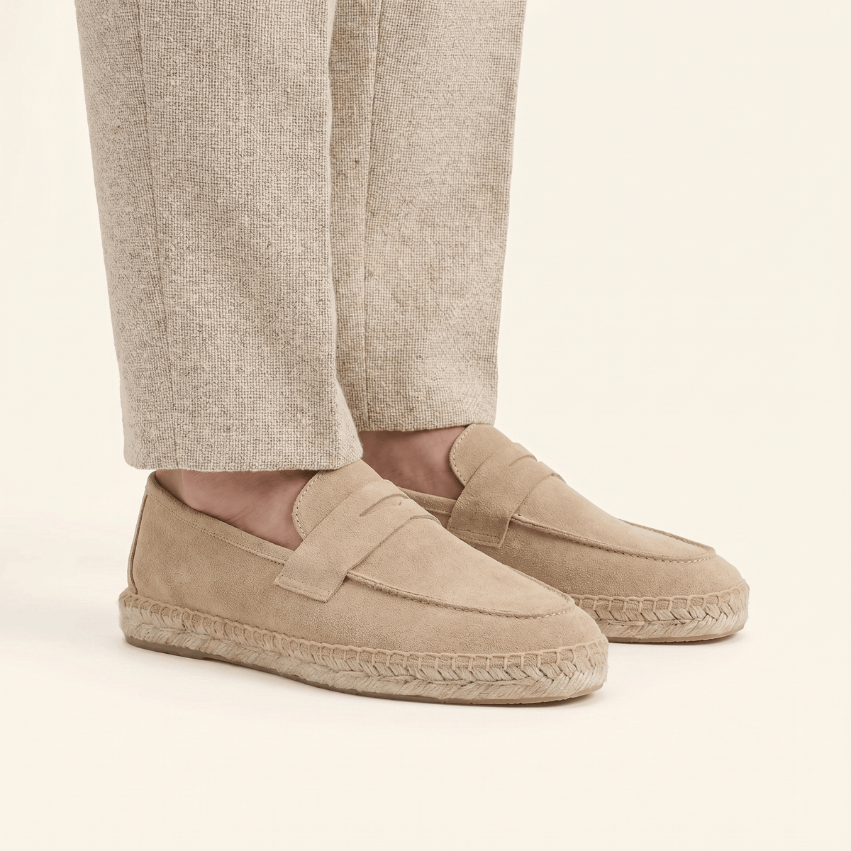 Mocassin Homme Penny Loafer Style Espadrille en Cuir Suédé Beige