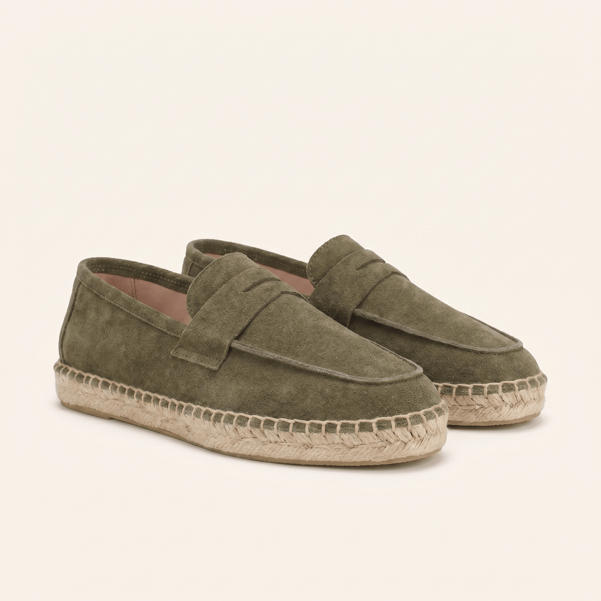 Mocassin Homme Penny Loafer Style Espadrille en Cuir Suédé Vert