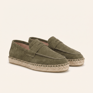 Mocassin Homme Penny Loafer Style Espadrille en Cuir Suédé Vert