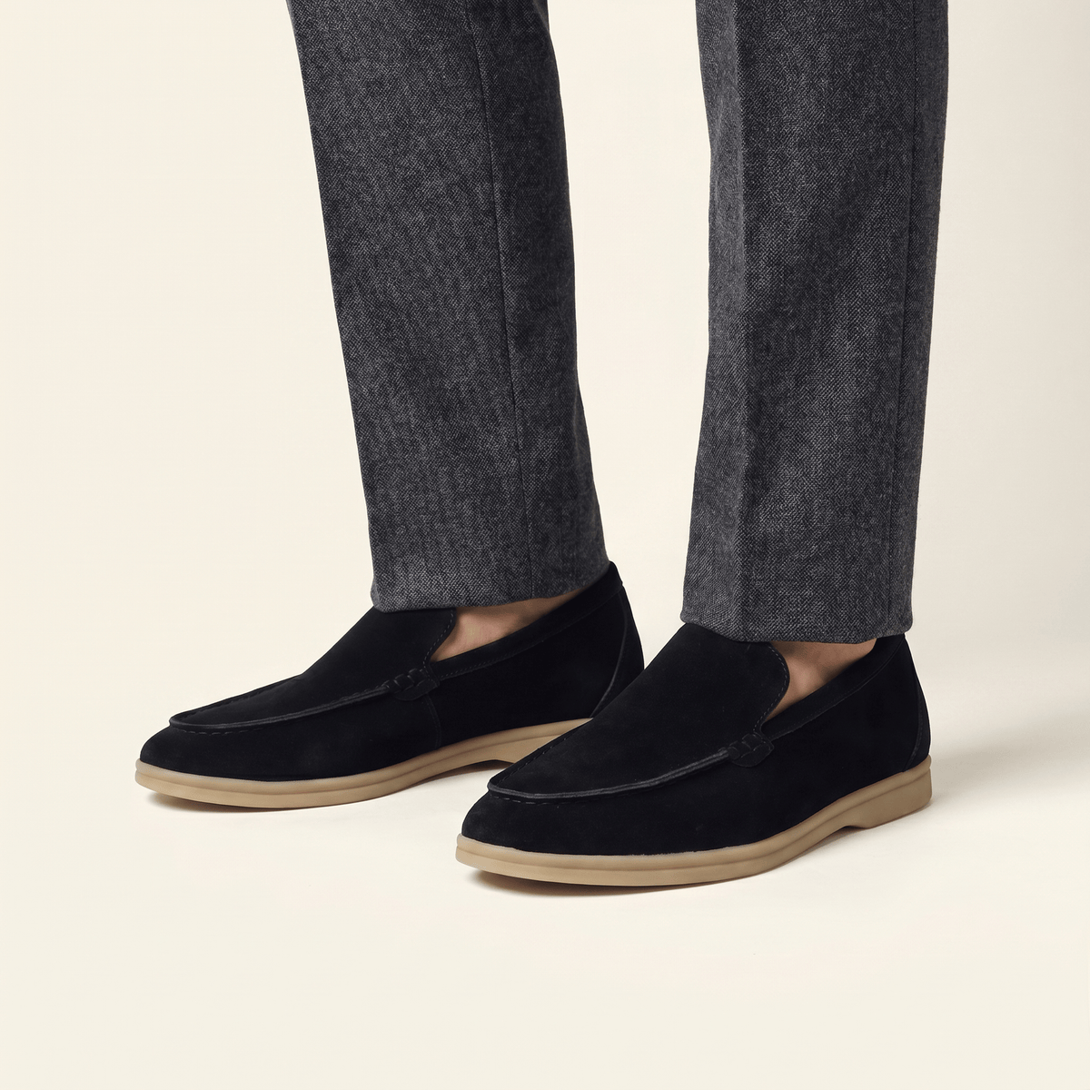 Mocassin Homme Slipper Minimaliste en Daim Camel Noir
