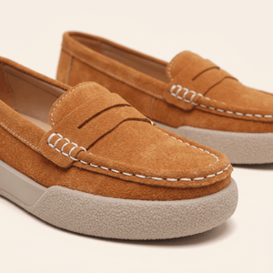 Mocassins Femme Penny Daim Bout Rond Chaussures Plates Cognac